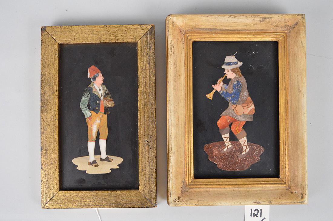 2 Framed Pietra Dura plaques; plaque with man standing: 2 Framed Pietra Dura plaques; plaque with man standing with hand in coat (7 3/4" x 5"), plaque man playing horn (8 1/8" x 6")