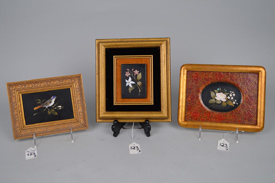 3 framed Pietra Dura plaques;  Blue bird in foliage (6" (1 of 5)