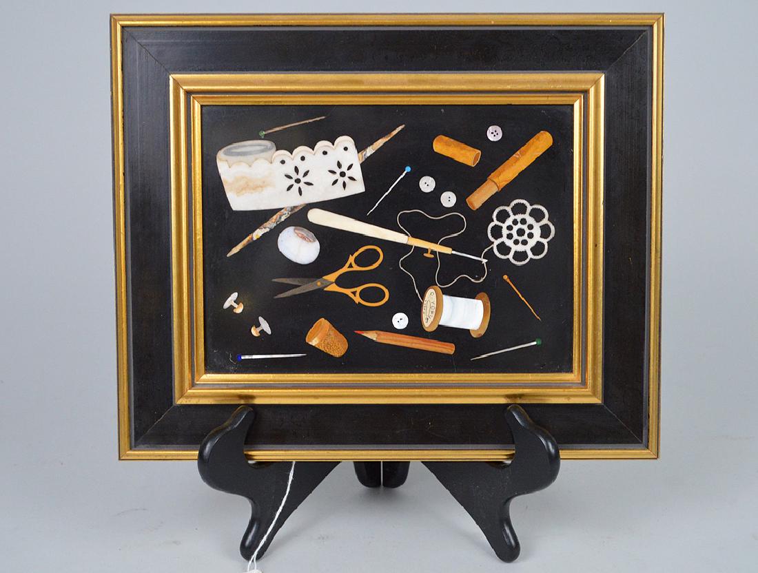 Framed Pietra Dura plaque still life sewing scene in (1 of 7)