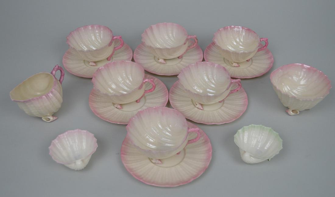 Belleek shell motif tea set with pink trim, black mark, (1 of 14)