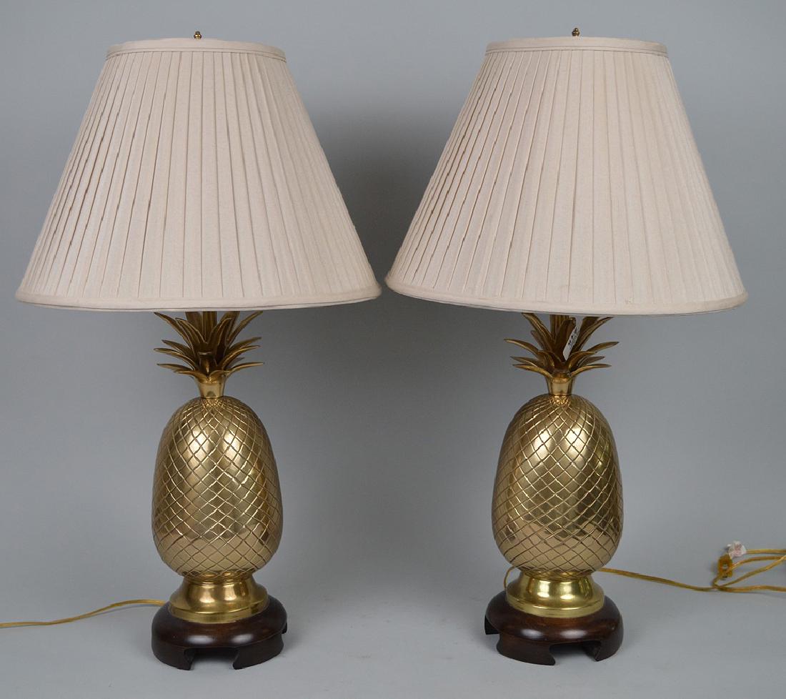 Pair brass pineapple motif lamps with shades, label (1 of 7)