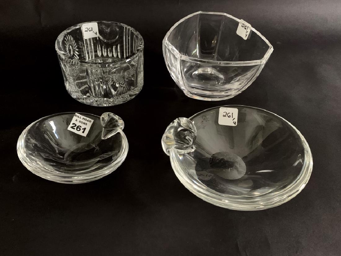 4 Crystal glass articles, (2) Steuben olive bowls, 4: 4 Crystal glass articles, (2) Steuben olive bowls, 4 3/4"dia & 7"d, (1) Waterford Crystal Wine coaster (3 1/4' H x 5 1/4' d), Triangular Tiffany Crystal Bowl (4" H x 6 1/2 " dia)