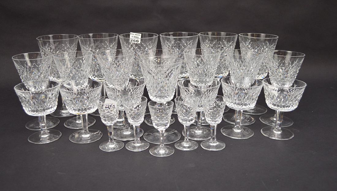25 Waterford assorted glasses, Alana pattern 5 liquor: 25 Waterford assorted glasses, Alana pattern 5 liquor stems 3 1/3h 5 stems 4h 8 wine stems 6h 6 wine stems 7h 6 sherbert 4h (inches)