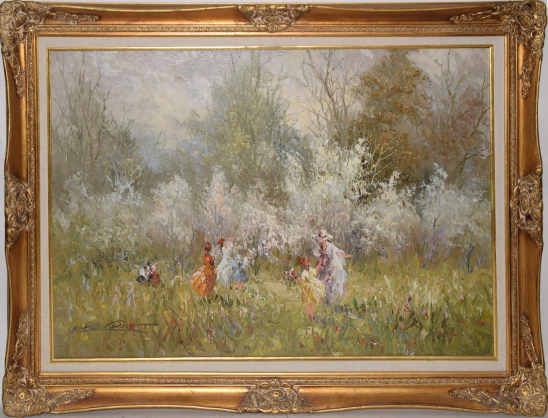 MARIE CHARLOT, oil on canvas, impressionist Scene -: MARIE CHARLOT, oil on canvas, impressionist Scene - Ladies and Children Frolicking in the Forest, 24 x 36 inches