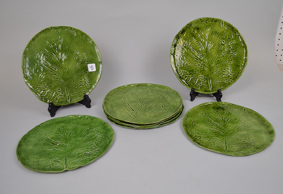 8 fragile green leaf motif plates, PY initial on back, (1 of 6)