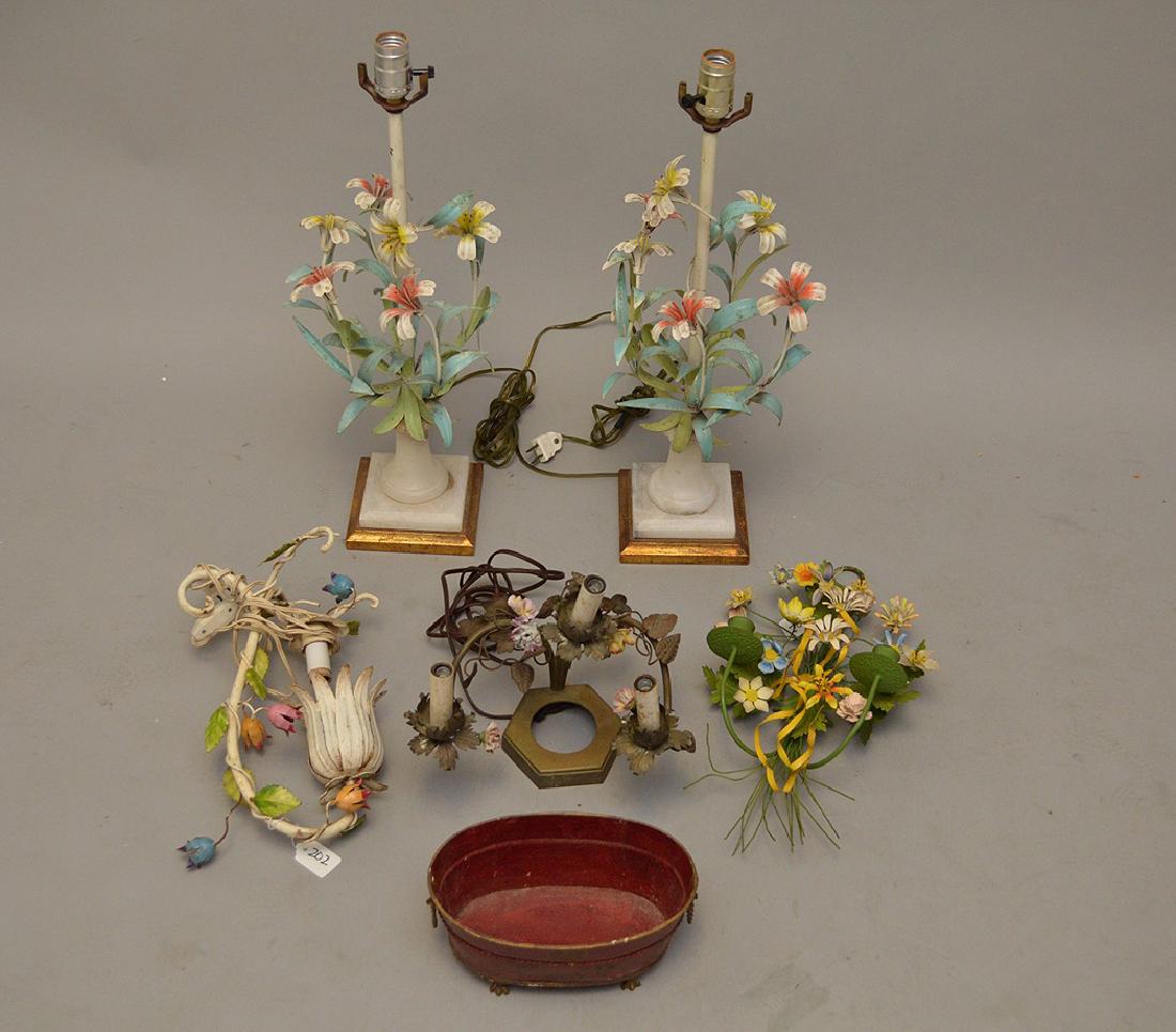 Grouping of vintage painted metal;  Pair floral lamps (1 of 5)