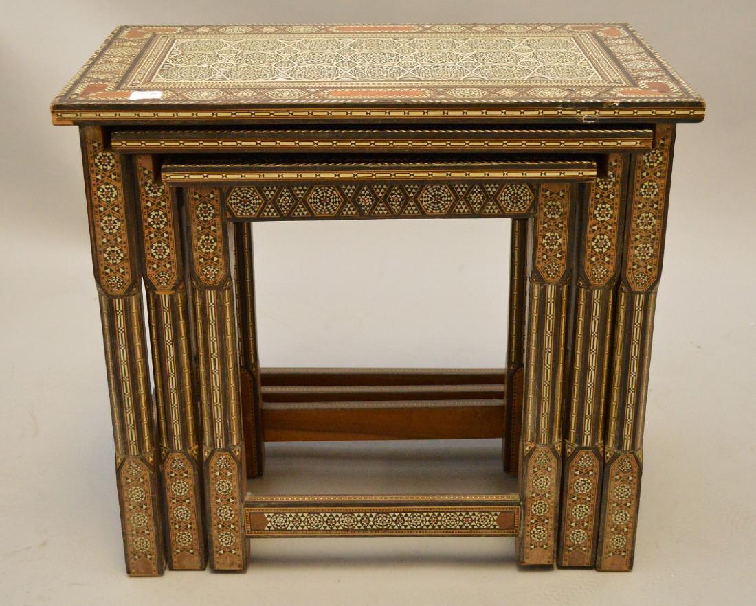Nest of Three Inlaid Indonesian tables. Largest Table: Nest of Three Inlaid Indonesian tables. Largest Table H. 18" W. 21" D. 12"