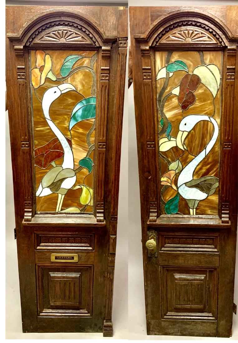 Pair Antique Oak Doors With Stained Glass Windows, (1 of 5)
