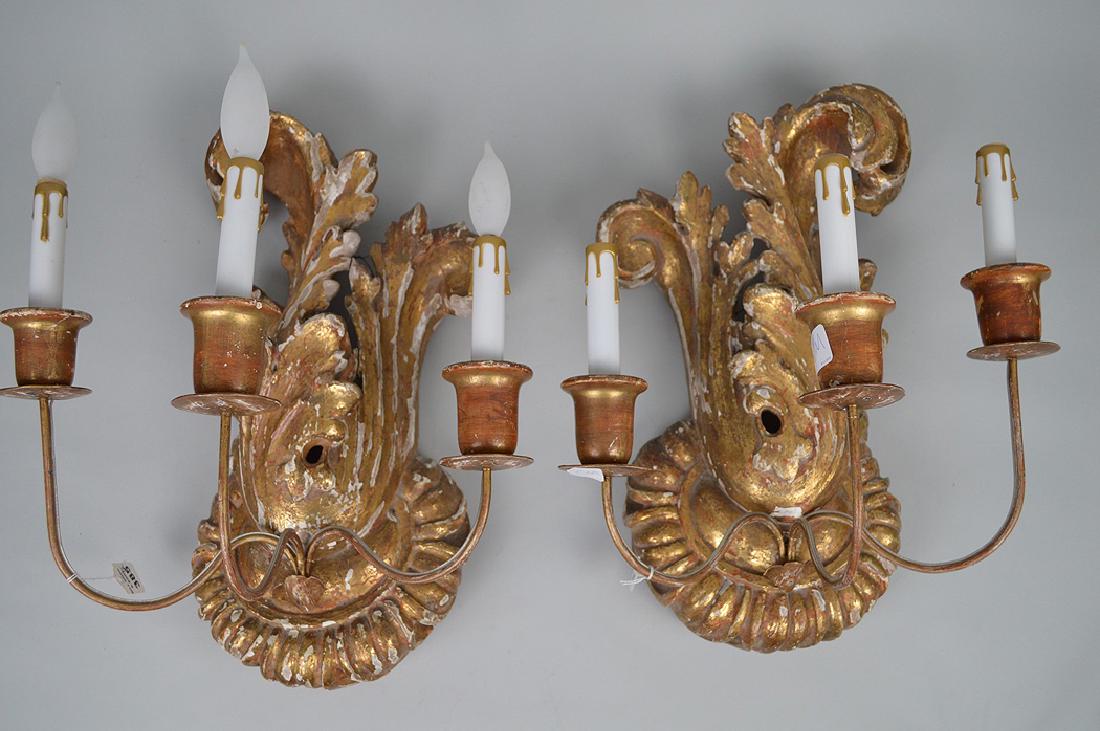 Pair 3 light gilded wood acanthus leaf sconces, 17 (1 of 6)