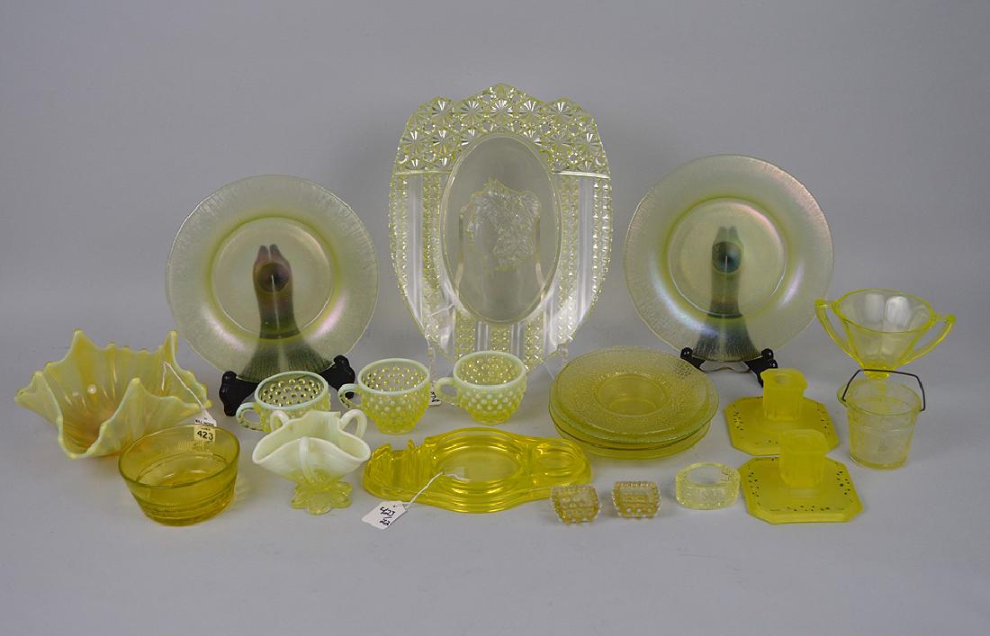22 Pieces Assorted Vaseline Glass.  Largest is the (1 of 8)