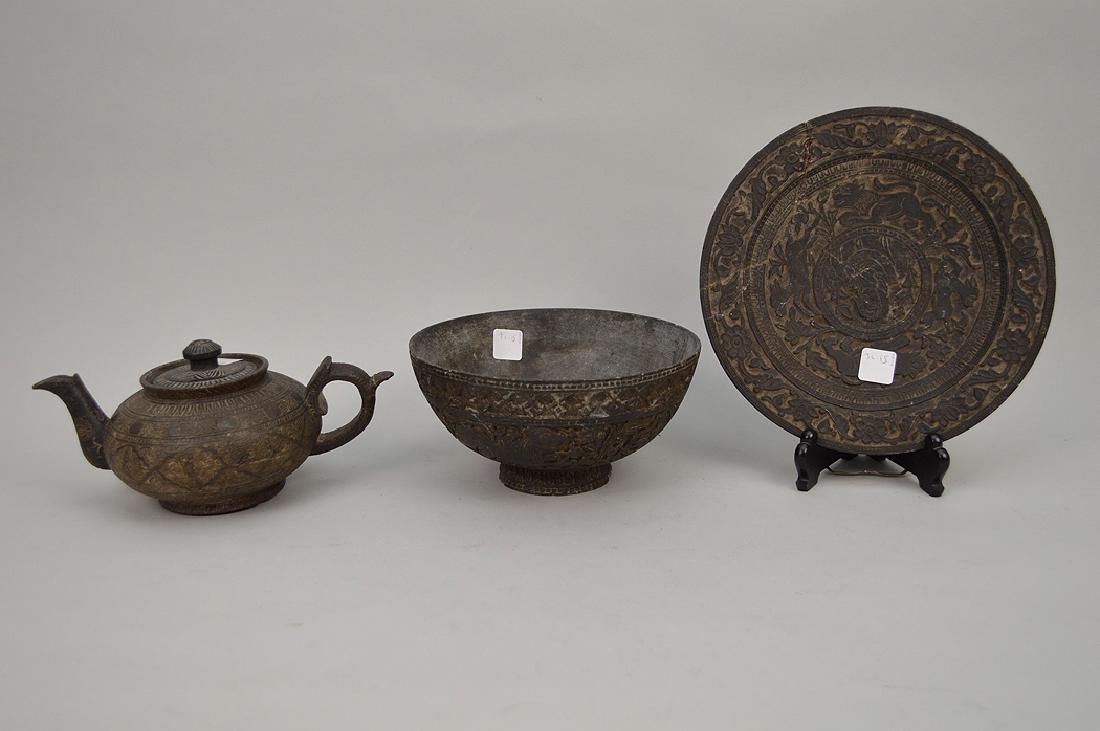 3 Persian carved soapstone pieces: teapot, plate (as is (1 of 14)