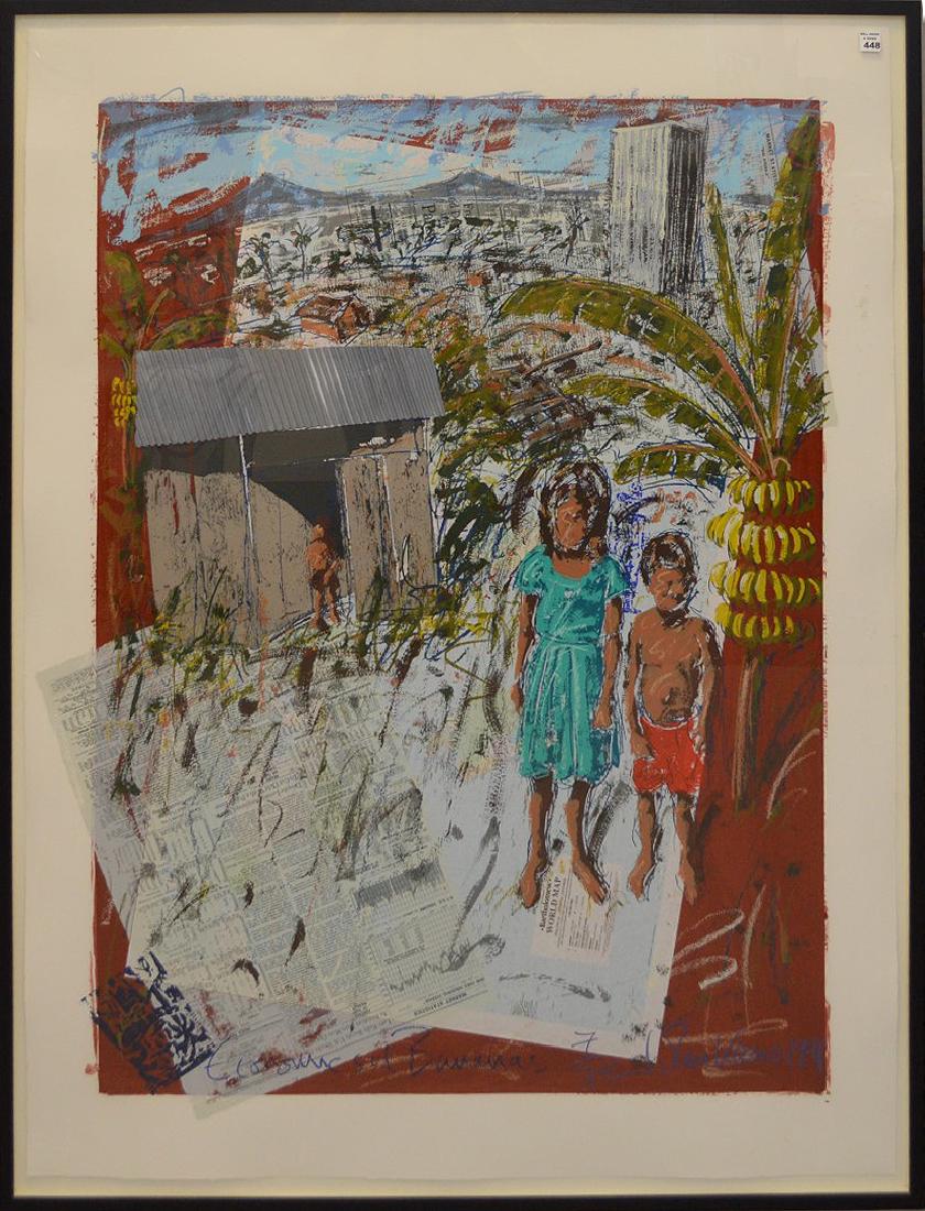 John Keane UK Economics of Bananas: John Keane (UK born 1954) mixed media Print signed and dated 91' Economics of Bananas - sheet size 55 x 42 inches