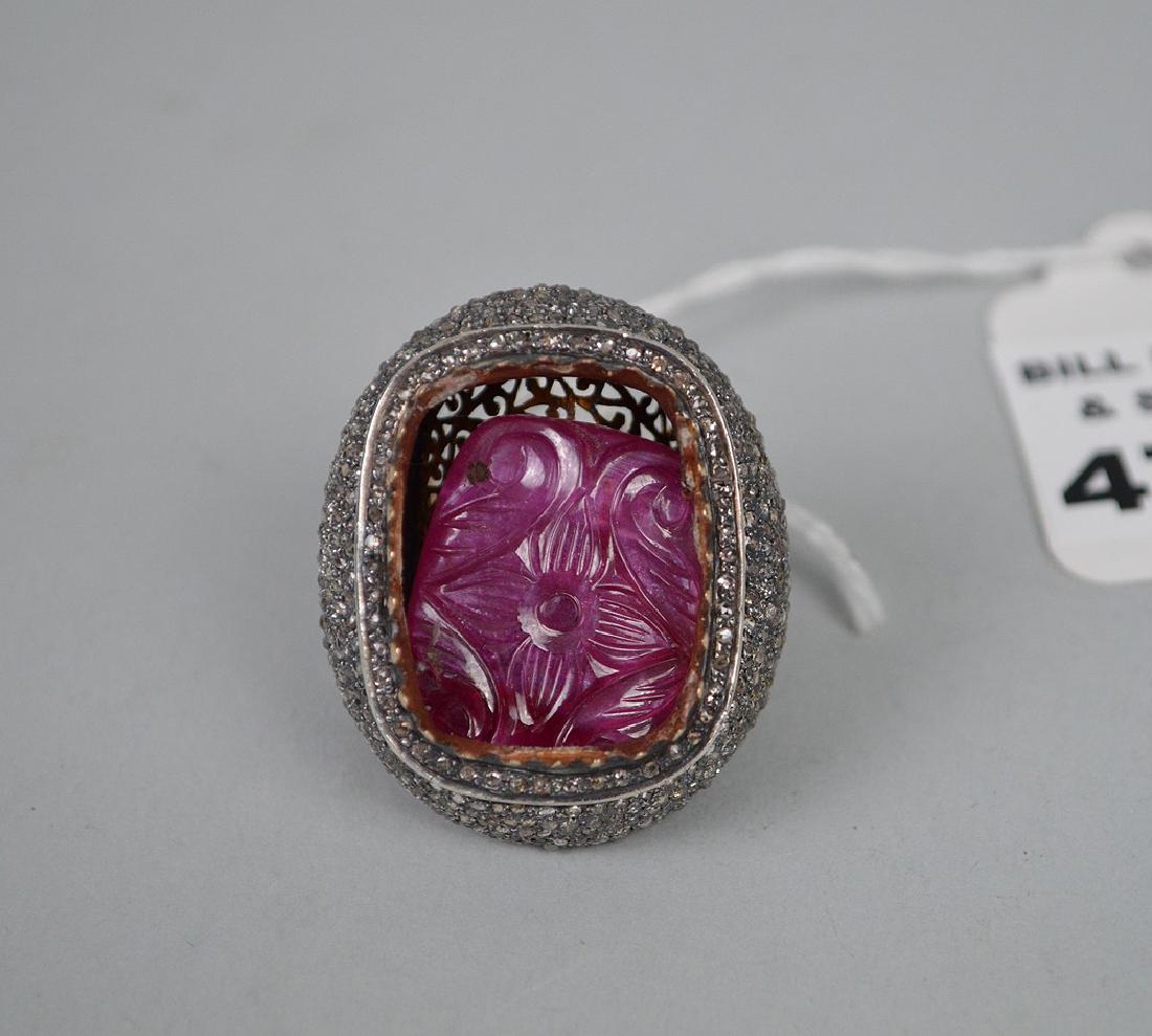 Large ring with marcasite and carved ruby color stone: Large ring with marcasite and carved ruby color stone (stone needs to be reset)