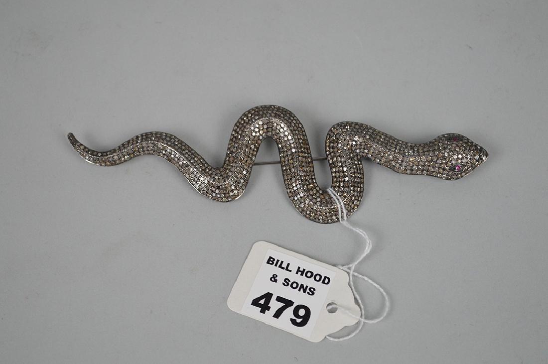 Silver Serpent pin/pendant, marcasite with ruby eyes,: Silver Serpent pin/pendant, marcasite with ruby eyes, 6"L