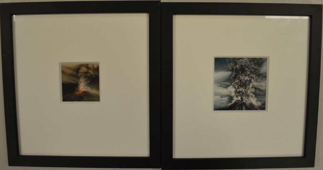 2 pieces: Violet Hopkins (AMERICAN, 1973) colored: 2 pieces: Violet Hopkins (AMERICAN, 1973) colored pencil / Ink on paper, Small Volcano Scenes, 2005 both signed on the reverse