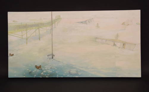 Kelly McLane (American 20th Cent.) THE FLOOD IN ENID,: Kelly McLane (American 20th Cent.) THE FLOOD IN ENID, 2002, oil and graphite on canvas over panel, 12 x 24 inches, signed and titled on reverse, Angles Gallery.