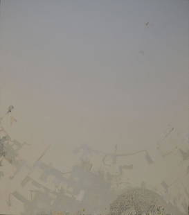Tam Van Tran (lives in California, born 1966): Tam Van Tran (lives in California, born 1966) Suprematist Empire - 2003, Pigment, silica binder, staples, white out, paper, ink and foil on canvas, 79.5 x 67.75 inches