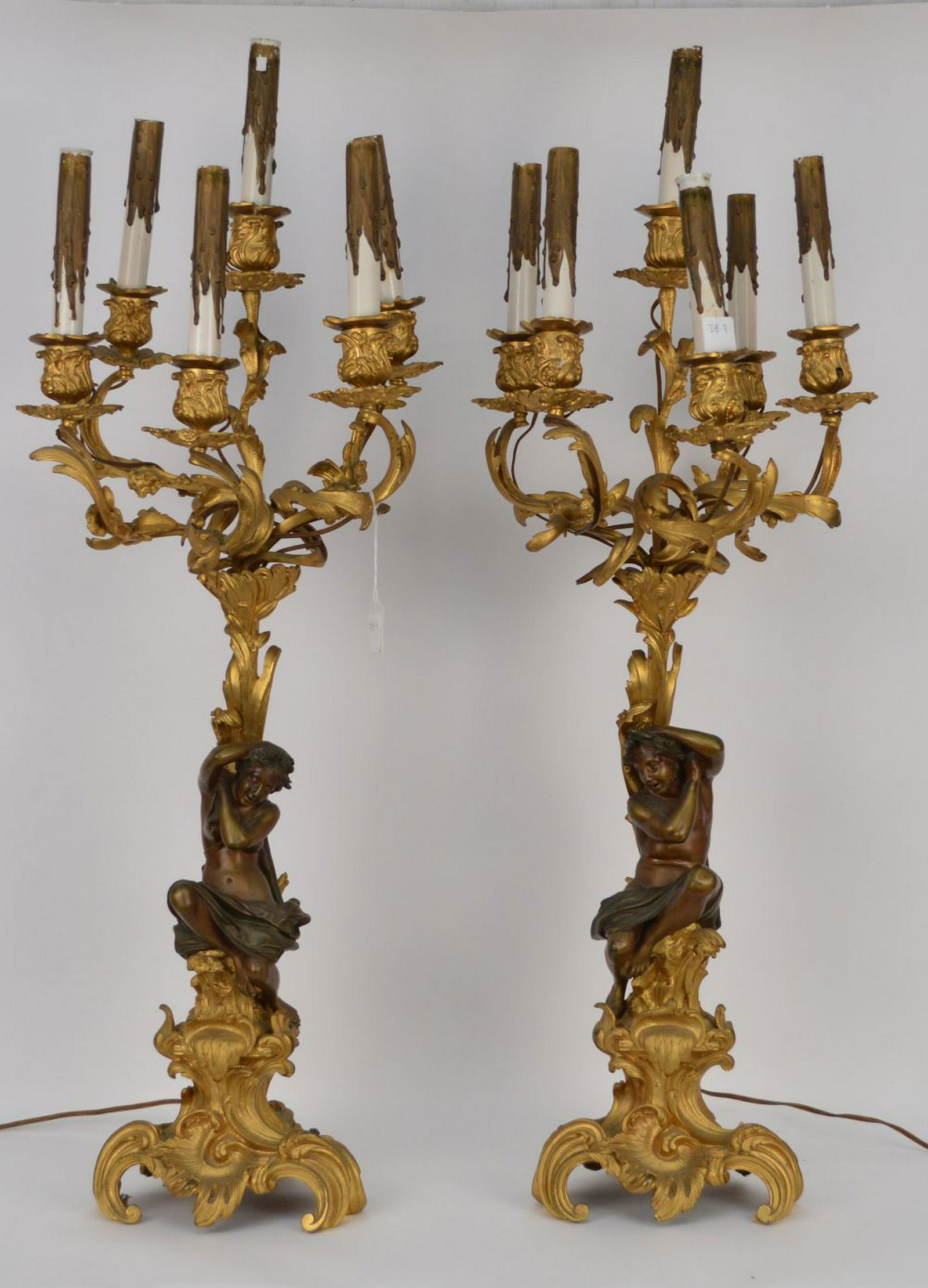 PAIR GILT & PATINATED BRONZE 5 LIGHT CANDELABRA. (1 of 13)