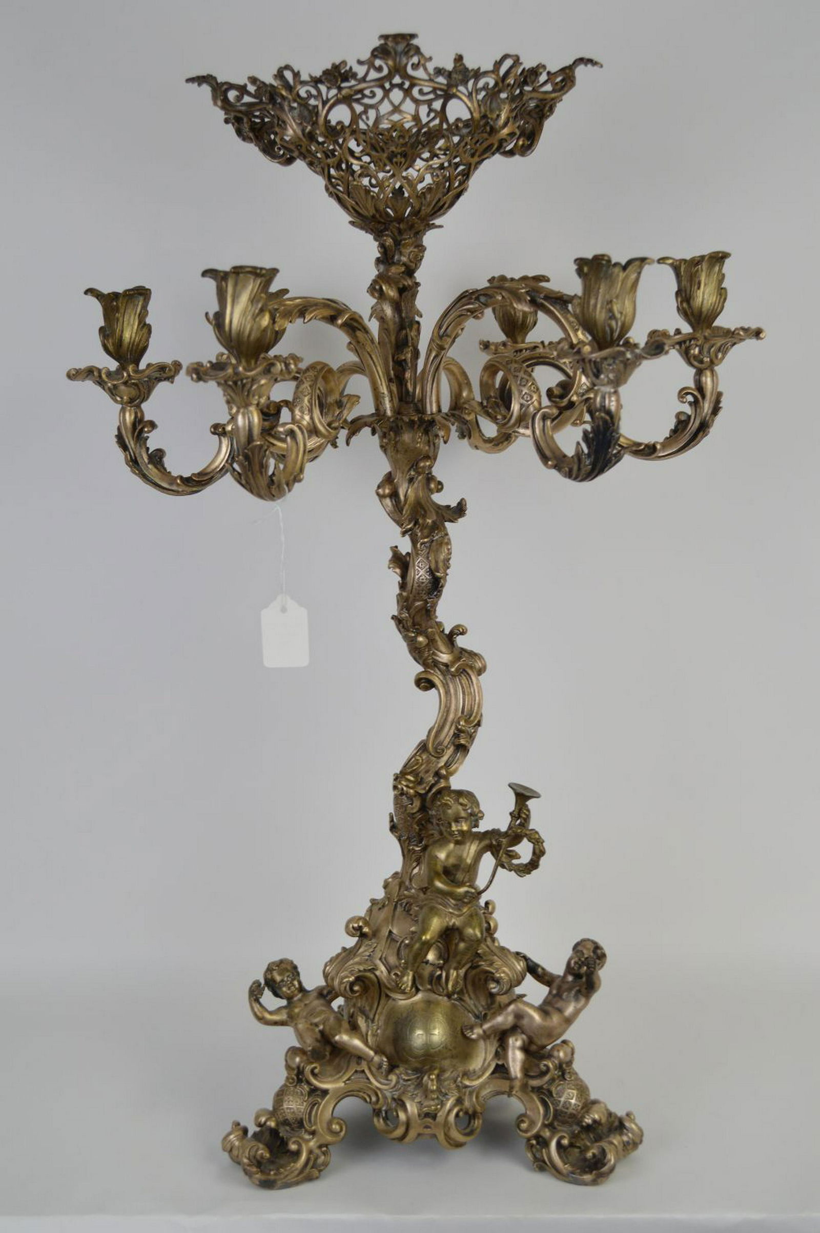 LARGE SILVERED BRONZE FIGURAL 6 LIGHT CANDELABRA / (1 of 11)