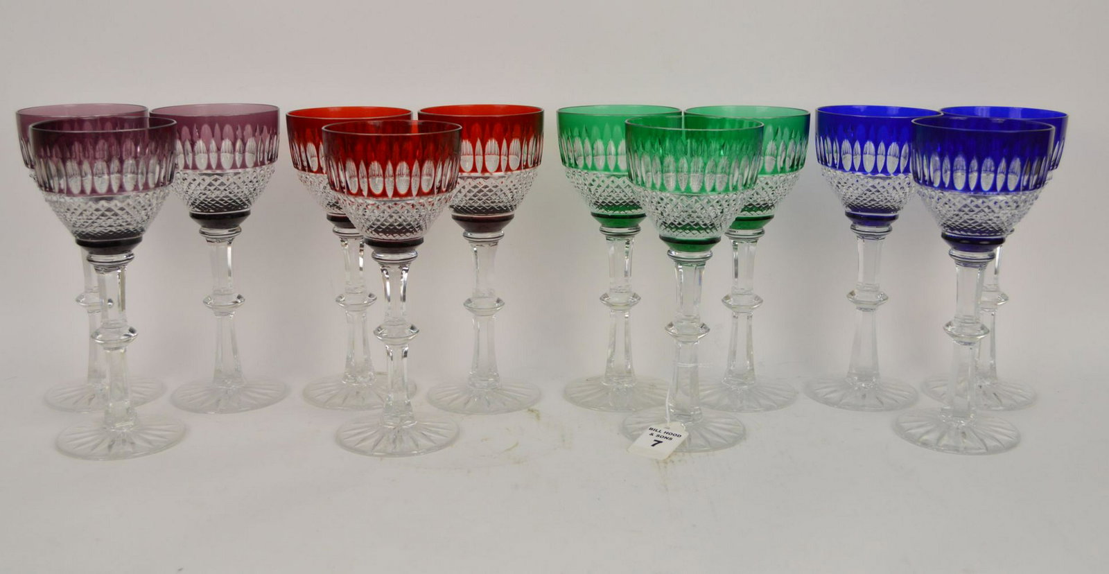 Set 12 Crystal Cut To Clear Wine Glasses. Condition:: Set 12 Crystal Cut To Clear Wine Glasses. Condition: good with no cracks or chips. Height 8" Diameter 3 1/2"