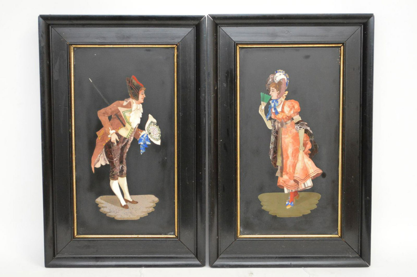 PAIR FRAMED PIETRA DURA PLAQUES with a man courting a (1 of 9)