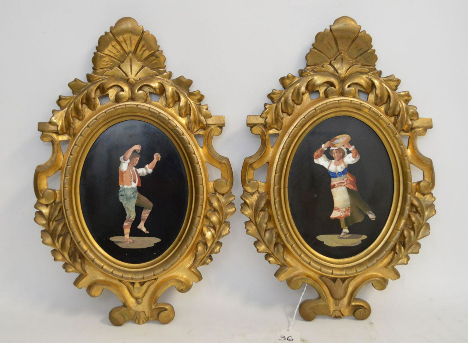 PAIR PIETRA DURA OVAL PLAQUES in carved giltwood frames (1 of 8)