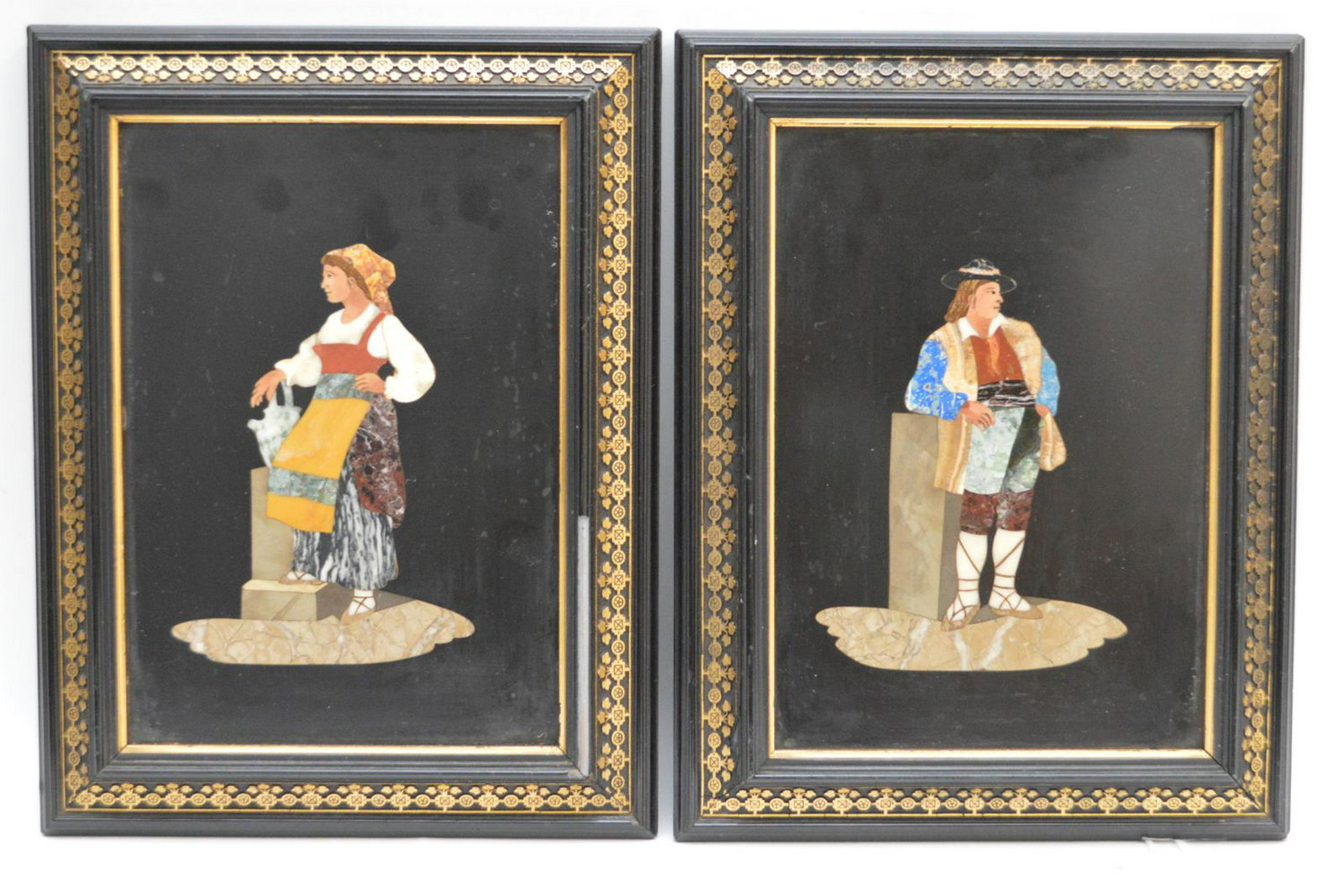 PAIR FRAMED PIETRA DURA PLAQUES in antique frames. (1 of 8)