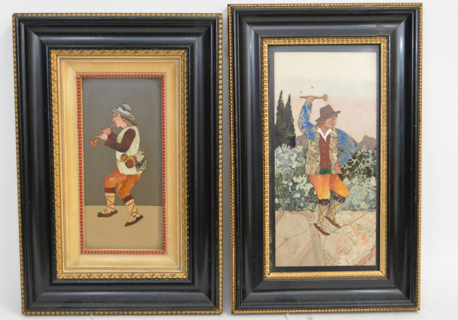 2 FRAMED PIETRA DURA PLAQUES.  ONE PLAQUE depicting a (1 of 6)