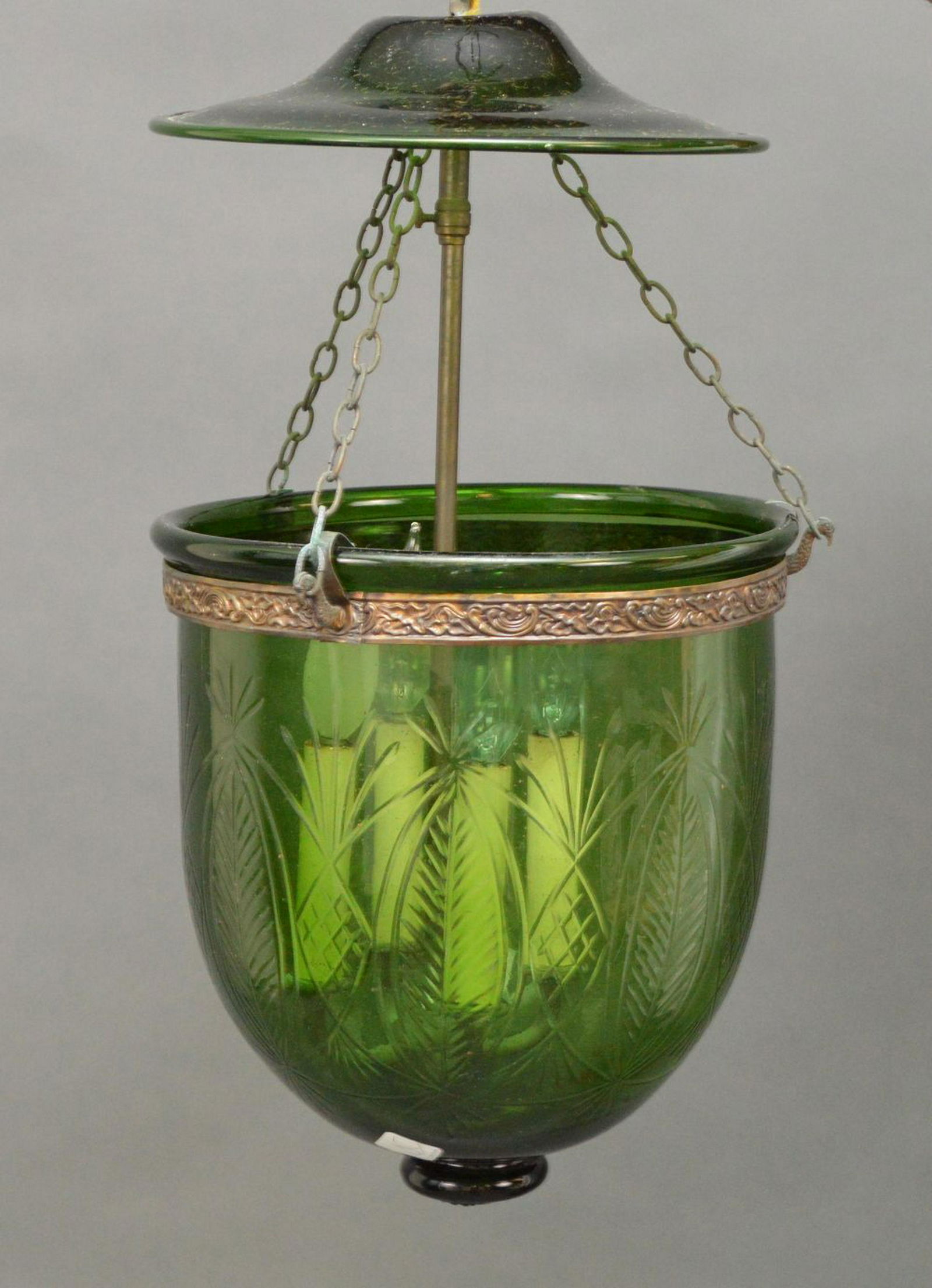 Green glass hanging bell jar light fixture, 20 inches (1 of 5)