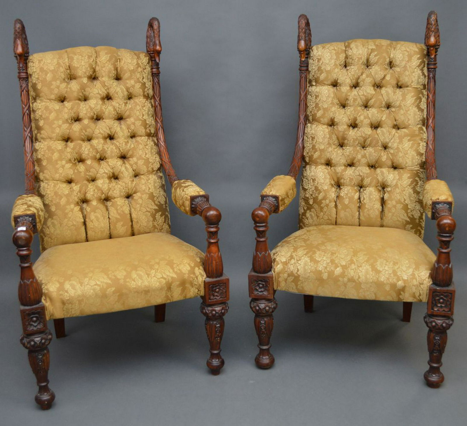 Pair over sized tufted back arm chairs with carved Swan (1 of 6)