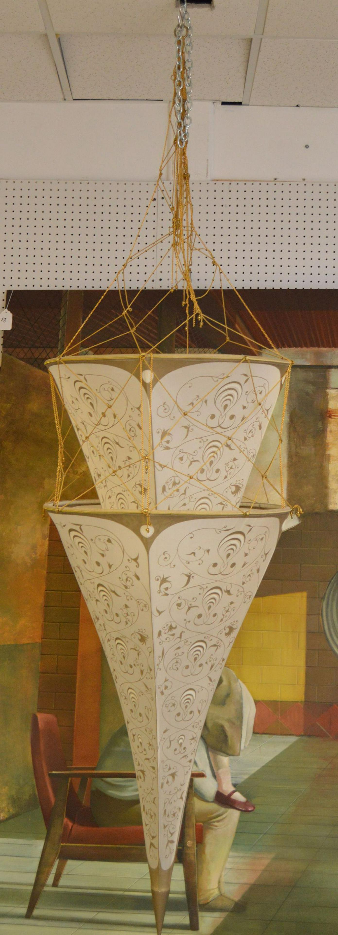 Fortuny fabric hanging light fixture, 2 inverted cone (1 of 6)