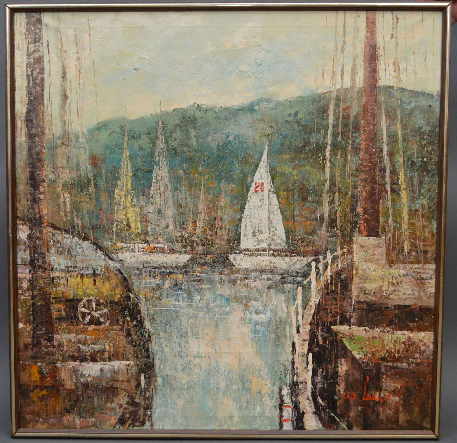Original Oil on canvas, Harbor scene, 36" x 35" (1 of 8)