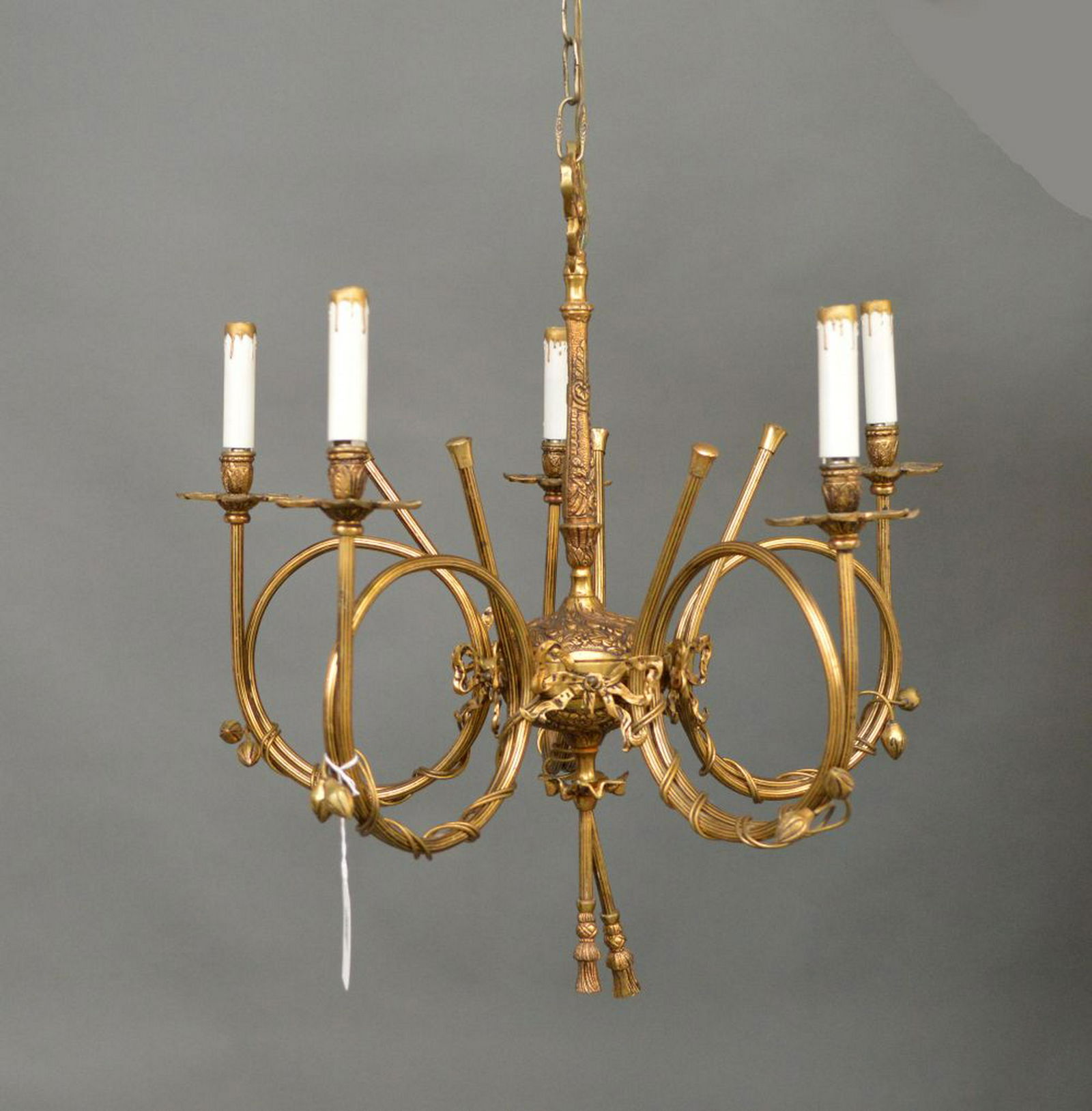 Brass chandelier, horn motif with 5 lights, 24"h (1 of 6)