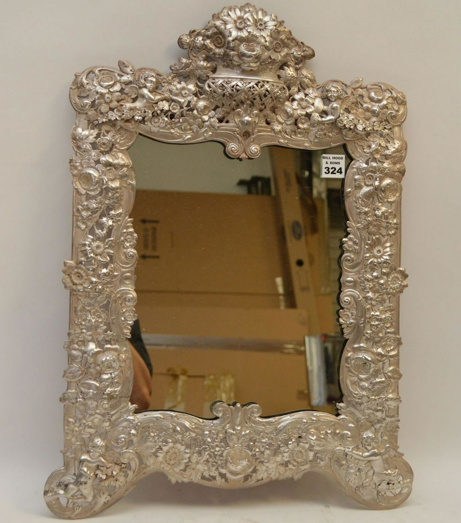 Repousse silver framed mirror, angels, foliate & scroll (1 of 7)