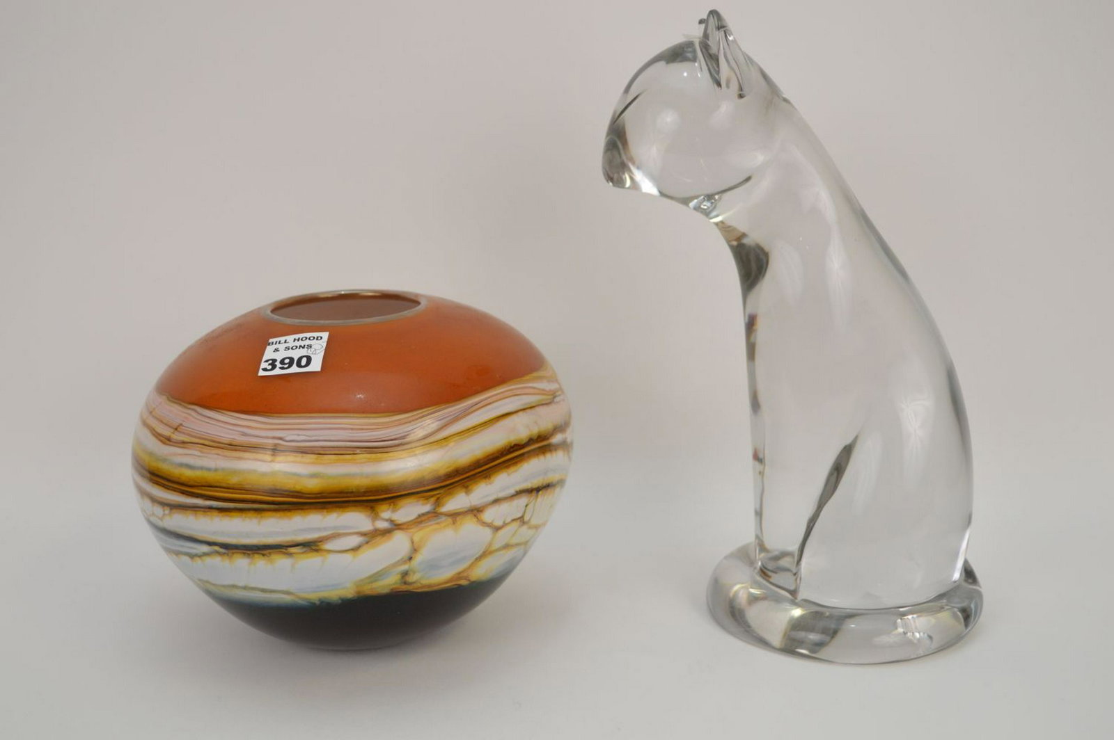 Modern glass bulbous form vase, banded browns & yellow,: Modern glass bulbous form vase, banded browns & yellow, signed, (6 1/2" -7" d overall) and clear glass seated cat, unsigned (11"h)