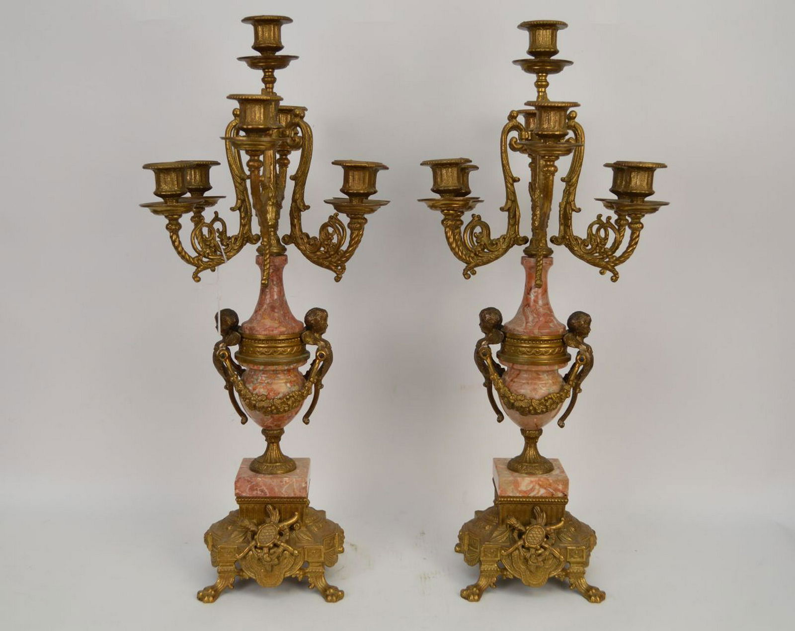 PAIR 7 LIGHT FIGURAL BRONZE & MARBLE CANDELABRA. (1 of 8)