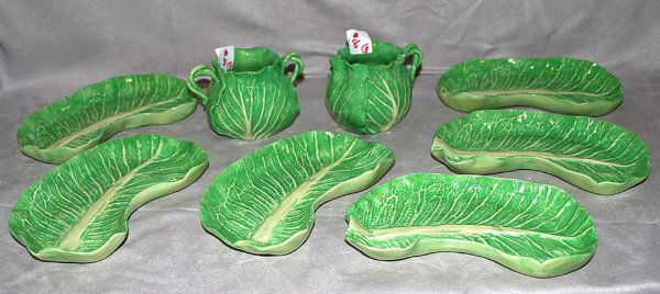 Dodie Thayer, 8 pieces, incl; 6 curved salad plate: Dodie Thayer, 8 pieces, incl; 6 curved salad plates, 1 has 3/8" chip to interior rim, 7 3/4"long, also open sugar, 5 "L x 3"h, creamer 3"h x 4 1/4"L