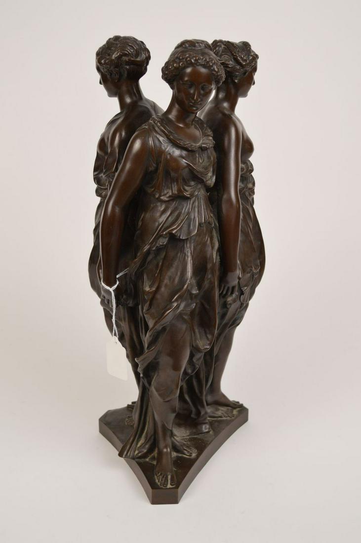 Neoclassical-Style Patinated Bronze "Three Graces": Neoclassical-Style Patinated Bronze "Three Graces" Sculpture. With French Foundry Mark On Base. Condition: good with no issues identified. Height 17 3/4"