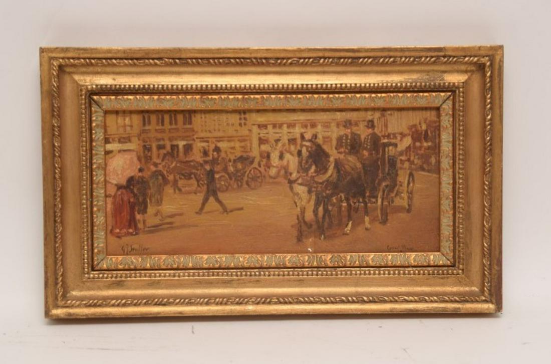 Gerard Johan Staller (Netherlands 1880 - 1956) oil on: Gerard Johan Staller (Netherlands 1880 - 1956) oil on board, Town View with horse and carriages, 5 x 11 inches