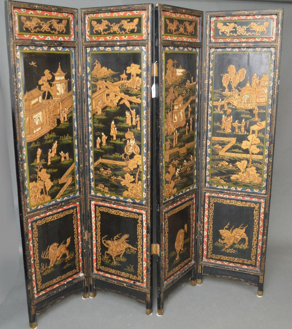 Oriental screen, 19th c. 4 hand painted panels on: Oriental screen, 19th c. 4 hand painted panels on reverse side with hand painted frame and gilded raised panel landscapes, 4 gilt animals on bottom panels, mortar and tenon construction