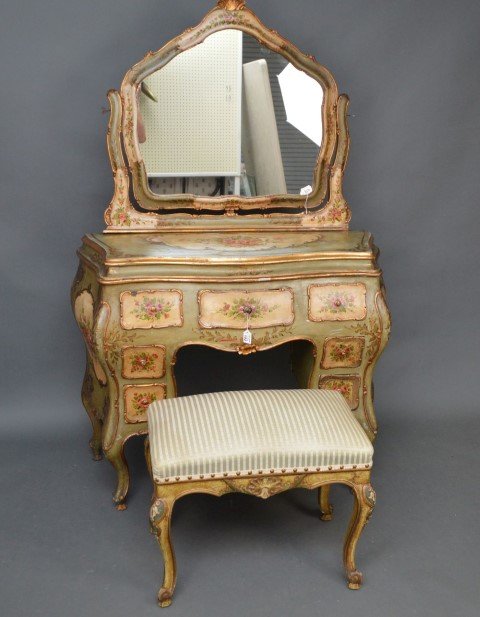 Venetian polychrome decorated dressing table, Louis XV: Venetian polychrome decorated dressing table, Louis XV style, 19th c. mirror attached on a bombe shape kneehole with 7 drawers on cabriole legs, 35"h x 38"w along with bench