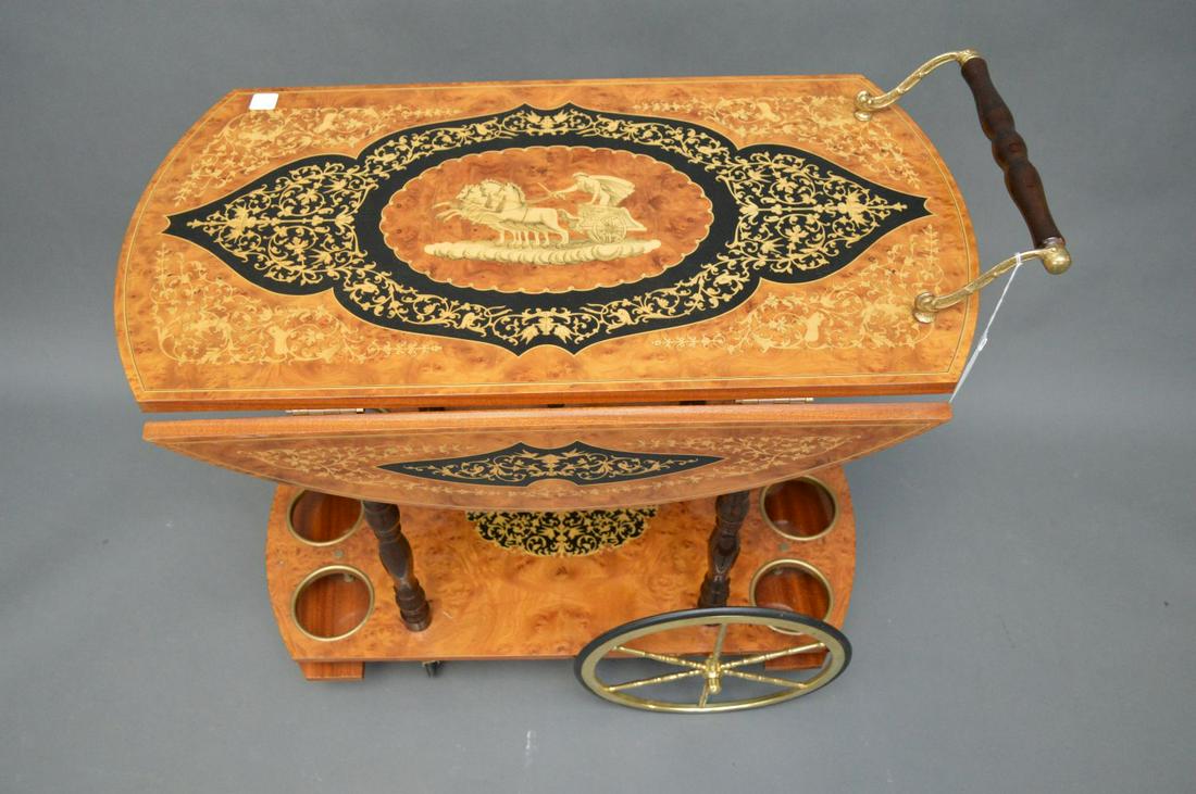 Tea wagon, 2 tier, Italian inlay with drop sides, 27"h: Tea wagon, 2 tier, Italian inlay with drop sides, 27"h x 31"w x 17" center section