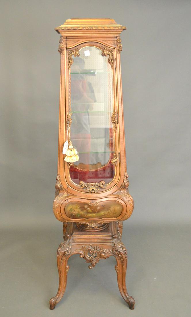 Louis XV style carved, polychromed and parcel gilded: Louis XV style carved, polychromed and parcel gilded vitrine, 19th c. obelisk form on a bombe base, supported on 4 cabriole legs, 4 glazed panels, velvet lining, 66"h x 18"w