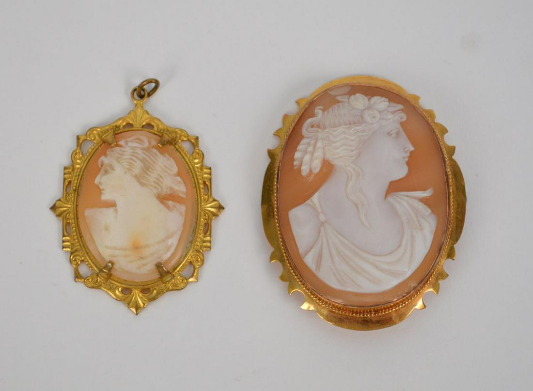 2 ANTIQUE CAMEO PENDANTS SET IN 10k GOLD. Larger 2 1/4”: 2 ANTIQUE CAMEO PENDANTS SET IN 10k GOLD. Larger 2 1/4” smaller lot 121 2” total weight 17.1 grams Lot 122