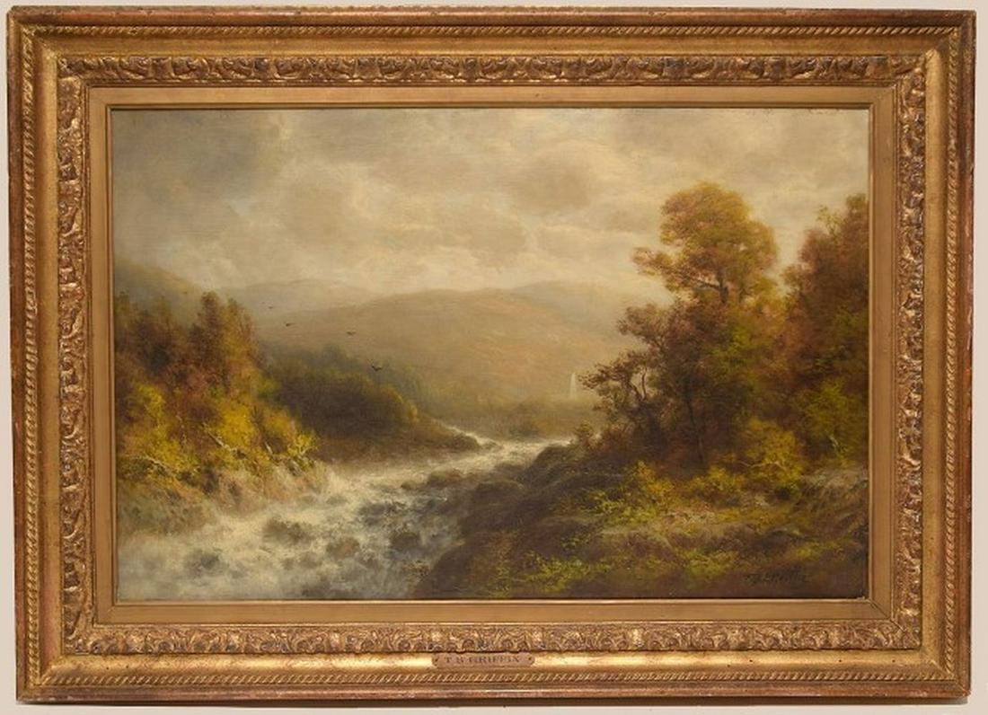 Thomas Bailey Griffin (AMERICAN, 1858–1918) oil on: Thomas Bailey Griffin (AMERICAN, 1858–1918) oil on canvas, Mountain Stream Landscape, relined canvas which reads original canvas says "scene near Great Falls Montana" signed lower right, painting me