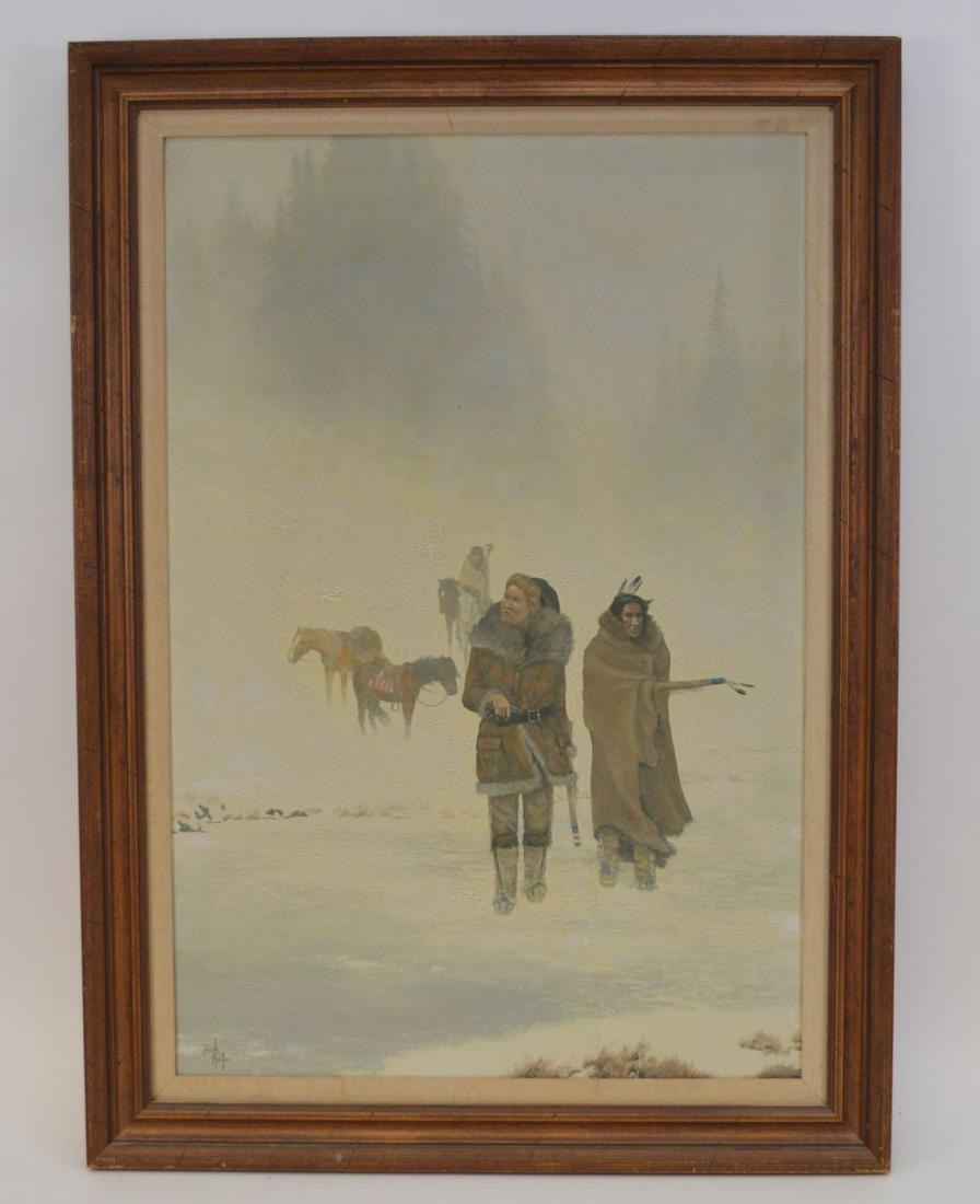 Jacob Pfeiffer (born 1936) oil on canvas, Winter: Jacob Pfeiffer (born 1936) oil on canvas, Winter Hunting, cowboys and Indians, canvas size 31 x 21 inches