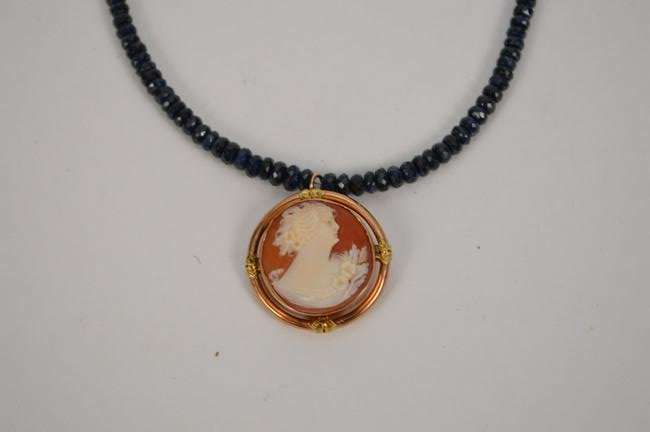 Gold Filled Cameo With AAA Grade Hand Faceted Sapphires: Gold Filled Cameo With AAA Grade Hand Faceted Sapphires ranging from 2mm to 4mm Length 18", Condition: no issues identified.