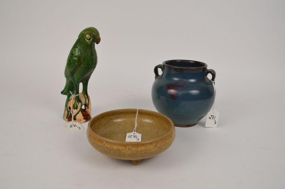 3 CHINESE POTTERY ARTICLES. Bird roof tile Ht. 5 5/8",: 3 CHINESE POTTERY ARTICLES. Bird roof tile Ht. 5 5/8", FOOTED BRUSH WASH Ht. 2 3/8" Diameter 6 1/8", BLUE GLAZED VASE with handles. Ht. 5 3/4" Dia. 5 5/8"