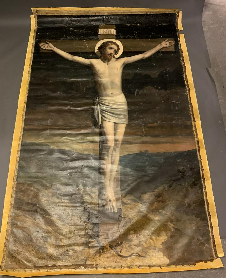 Large 19th Century Christ Oil Painting 8'10" x 5'9": Large 19th Century Christ Oil Painting 8'10" x 5'9" Signed Elmerich Lower Left. Condition: showing appropriate wear which shows in the photos.