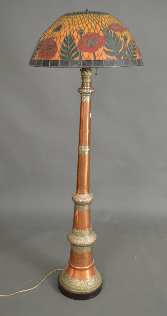 Trumpet form Middle Eastern style copper and silver: Trumpet form Middle Eastern style copper and silver metal floor lamp with a leaded "poppy" shade